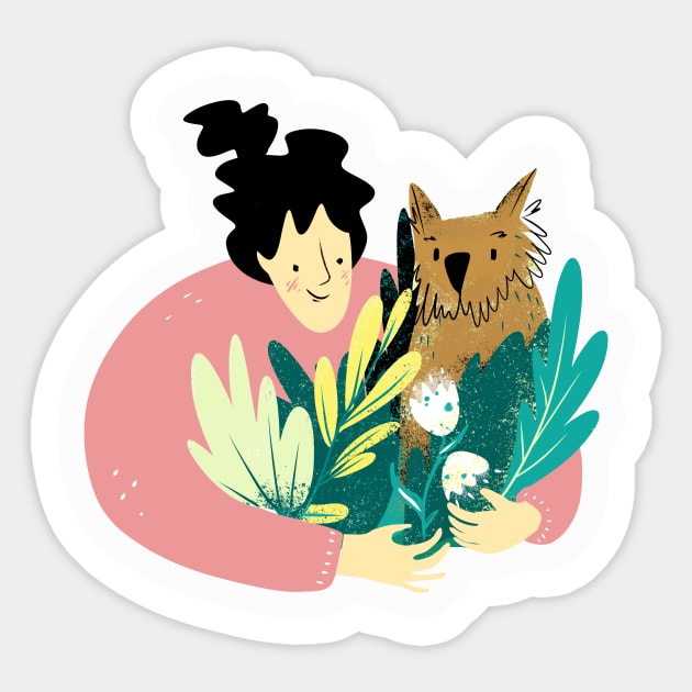 Girl hugging dog and florals Sticker by darianokso